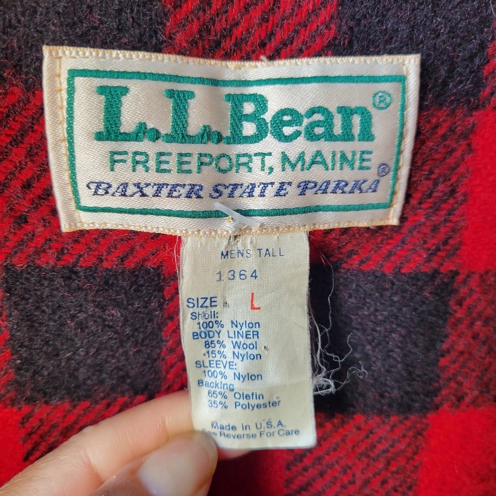 Vintage LL Bean Baxter State Parka Jacket Plaid Wool Lined Hood Red Womens Large - Picture 8 of 16